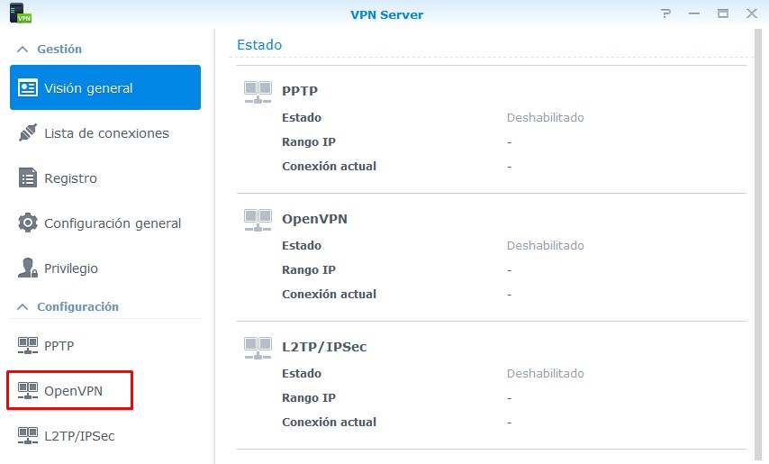 Pantalla inicial de configuración de VPN Server